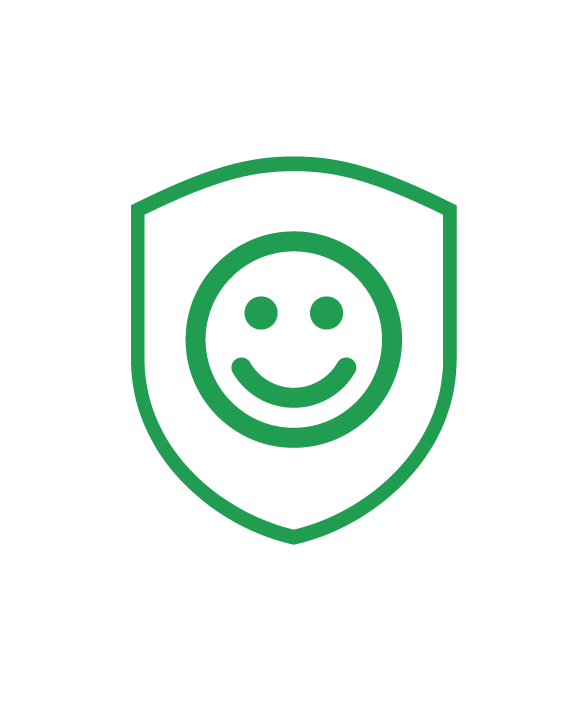 Green shield with a happy face in the center, indicating safety or protection.