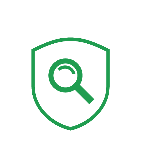 Green shield icon with a magnifying glass in the center, representing security or protection