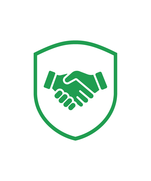 Green outline of a shield with a handshake inside.