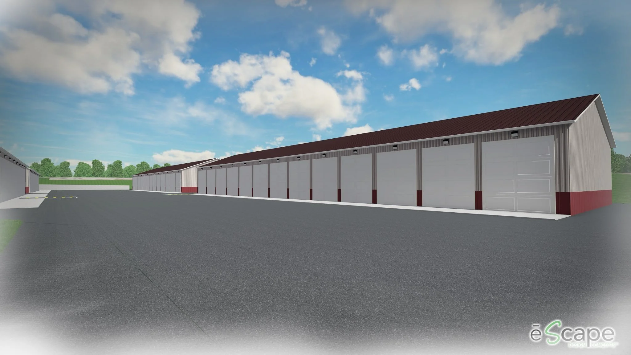 A digital rendering of a large storage facility or industrial warehouse with multiple garage doors and a paved area in front. The building has a metal exterior with a red and white color scheme and a sloped roof. The background features a partly cloudy sky and trees.