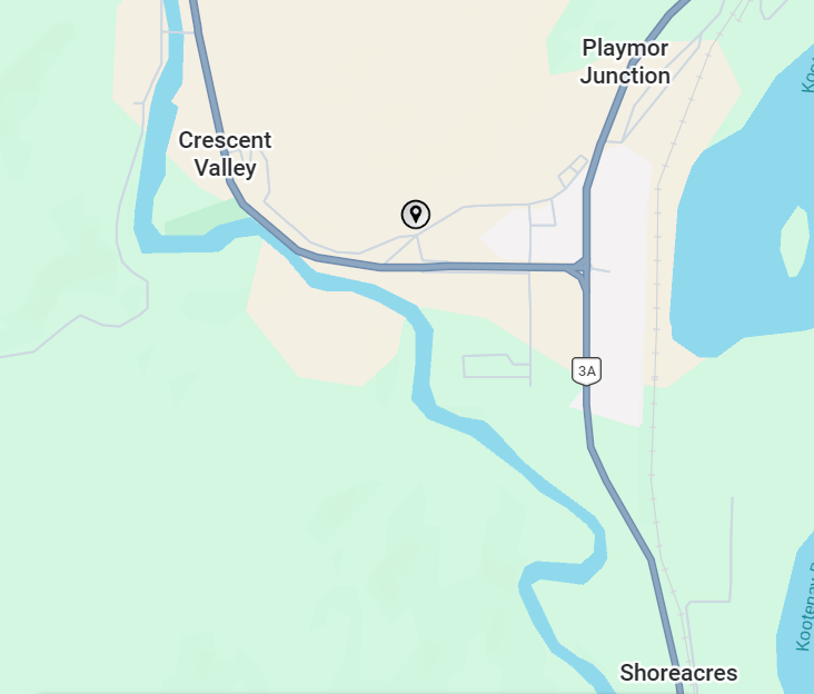 Map showing Crescent Valley, Playmor Junction, and Shoreacres near a river or creek, with roads connecting these locations. With a marker pointing to the CANARC shop location.