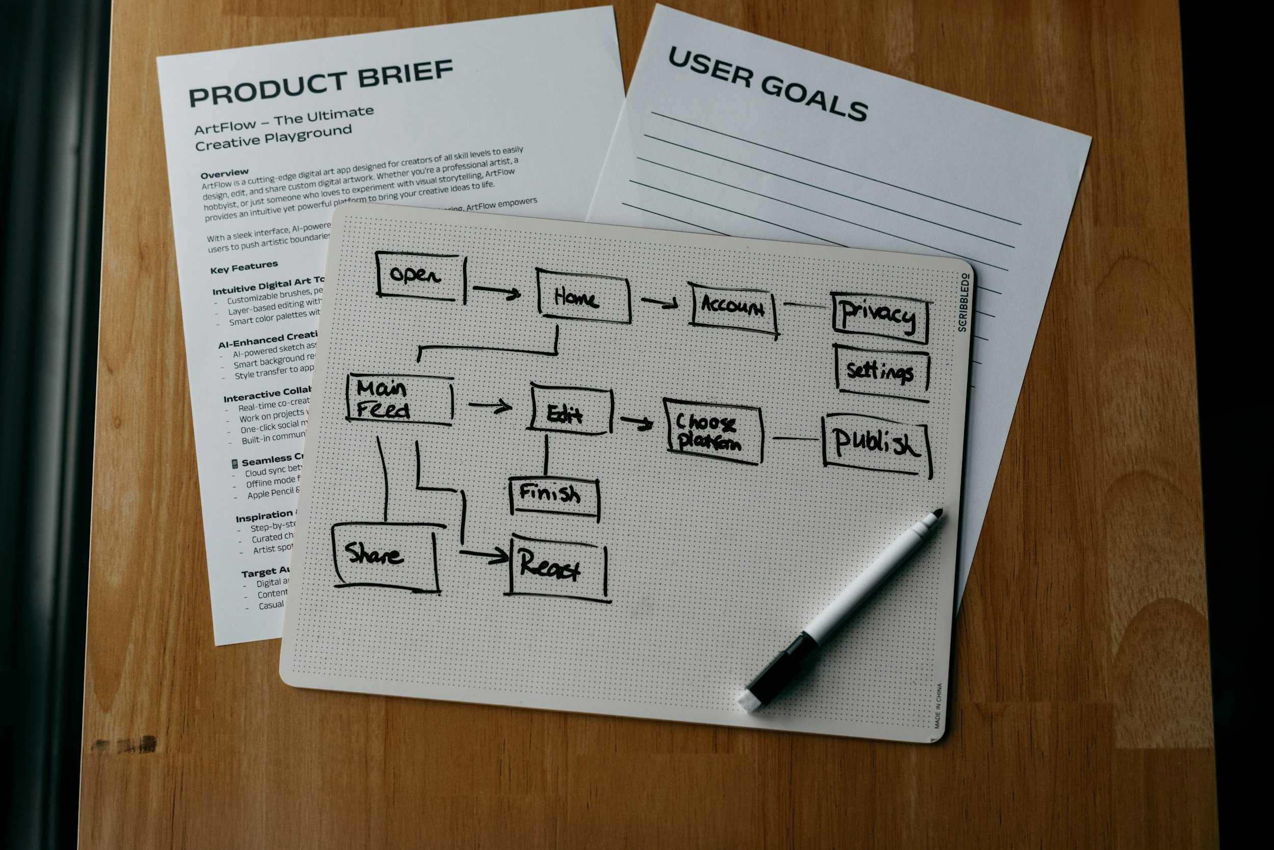 A sheet of paper with a flowchart and handwritten notes, surrounded by printed documents on a wooden surface. The flowchart includes steps like Open, Home, Account, Privacy, Settings, Publish, Main Feed, Edit, Choose Platform, Finish, Share, Read, and labels with arrows connecting them.