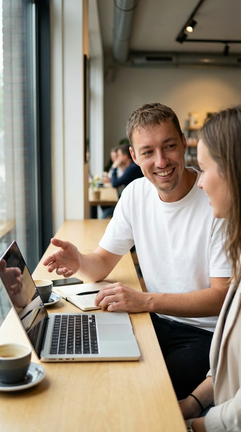 Twee mensen praten gezellig in een café of koffiezaak, met een laptop en koffiekopjes op tafel.