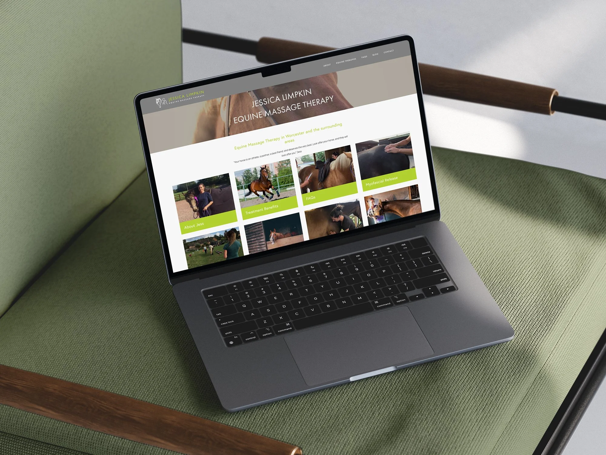 A laptop on a green table showing a website for Jessica Limpkin Equine Massage Therapy, with images of horses receiving massages.