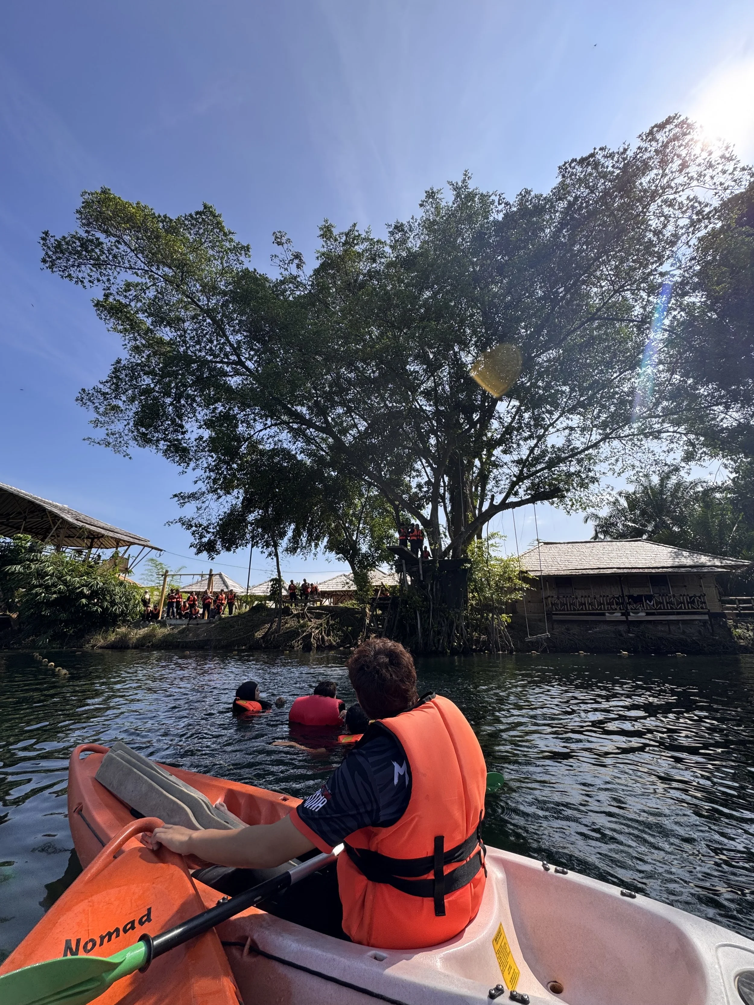 People kayaking on a river with a large tree and huts in the background, sunny sky.