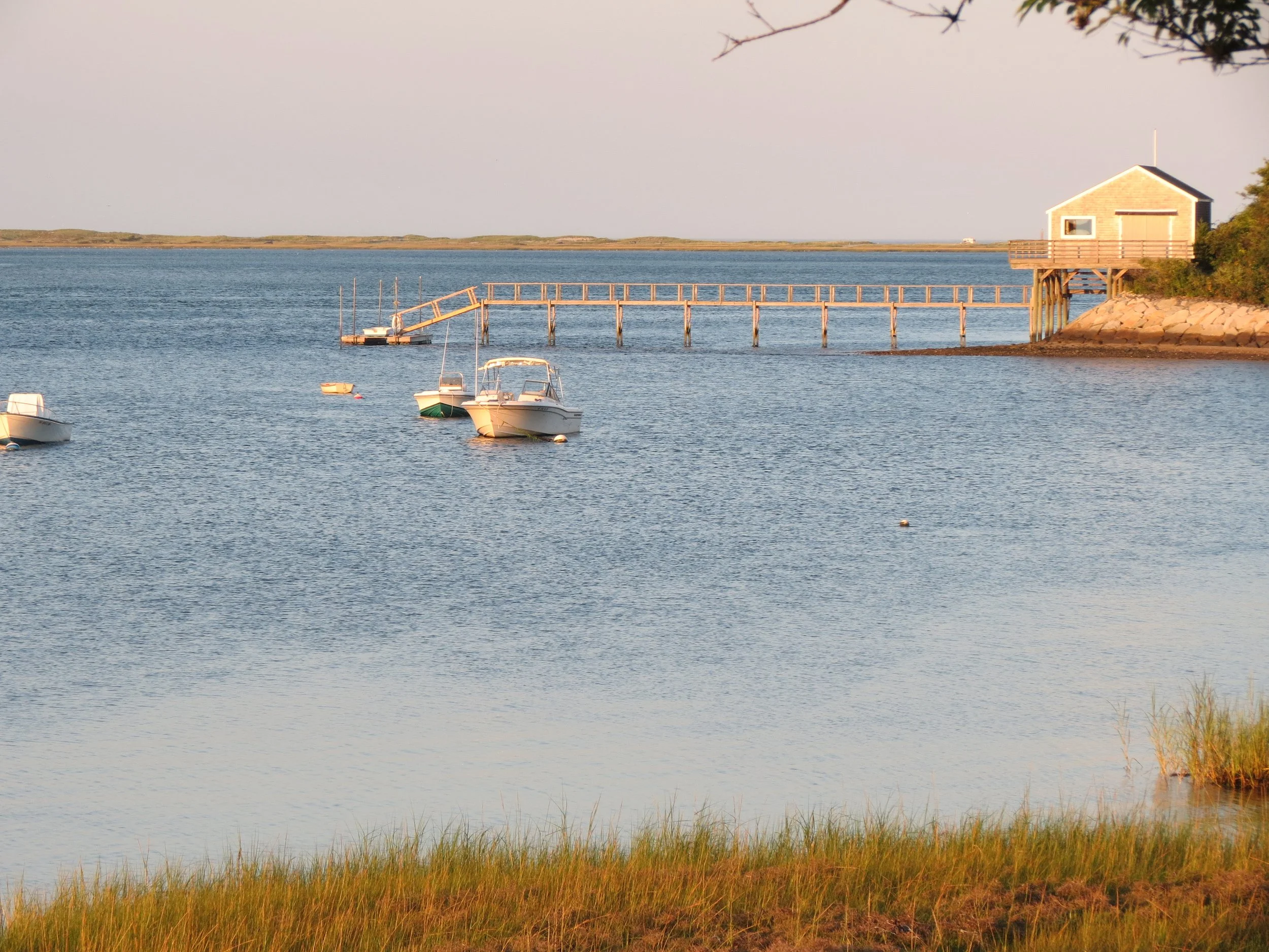 A peaceful waterfront scene with small boats anchored in a calm bay, a wooden pier extending out into the water, and a small house on stilts on the shoreline surrounded by greenery, under a soft sky.