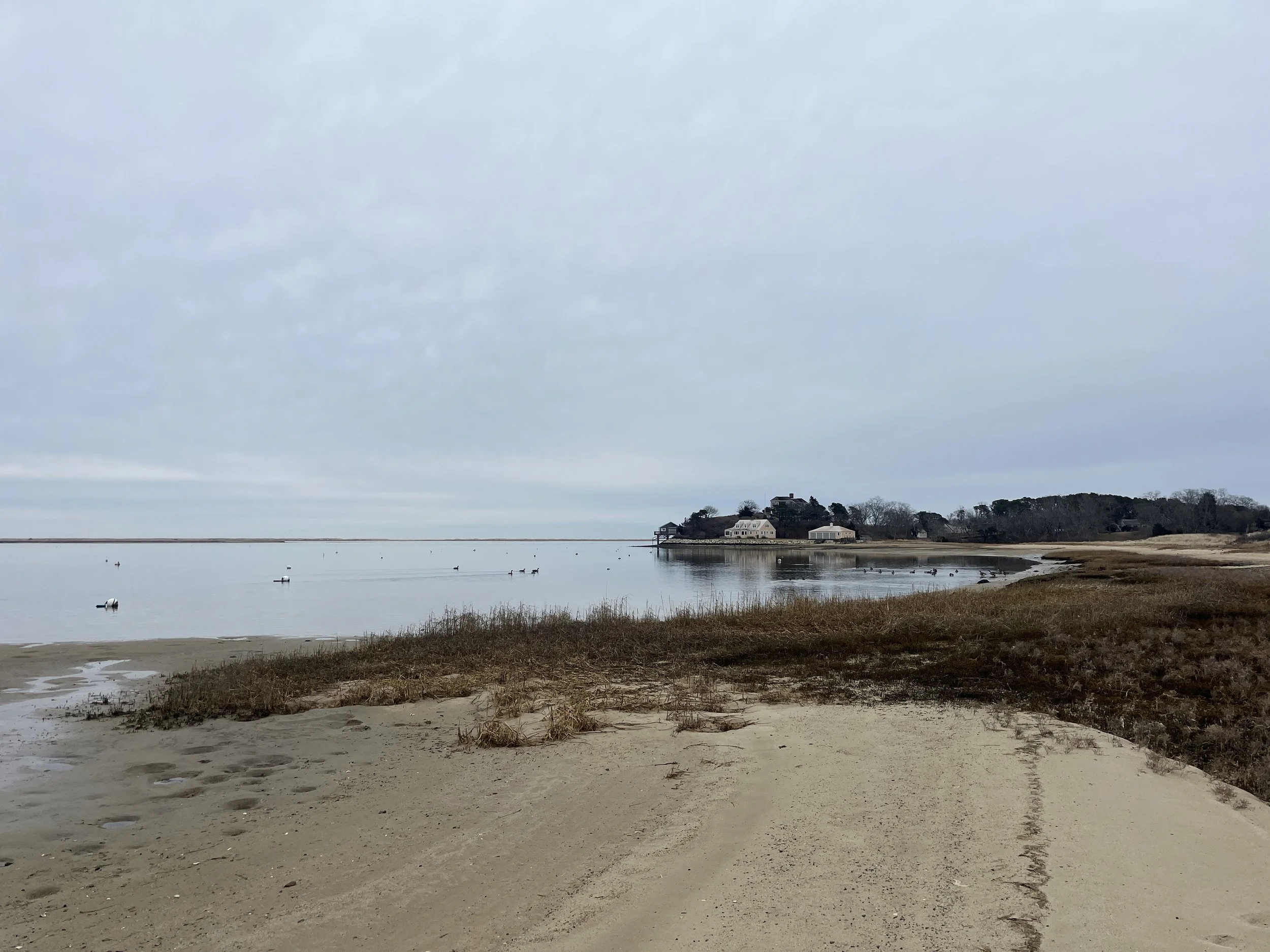A peaceful coastal scene with a sandy beach, calm water, and a few boats, with houses on a hill in the background under a cloudy sky.