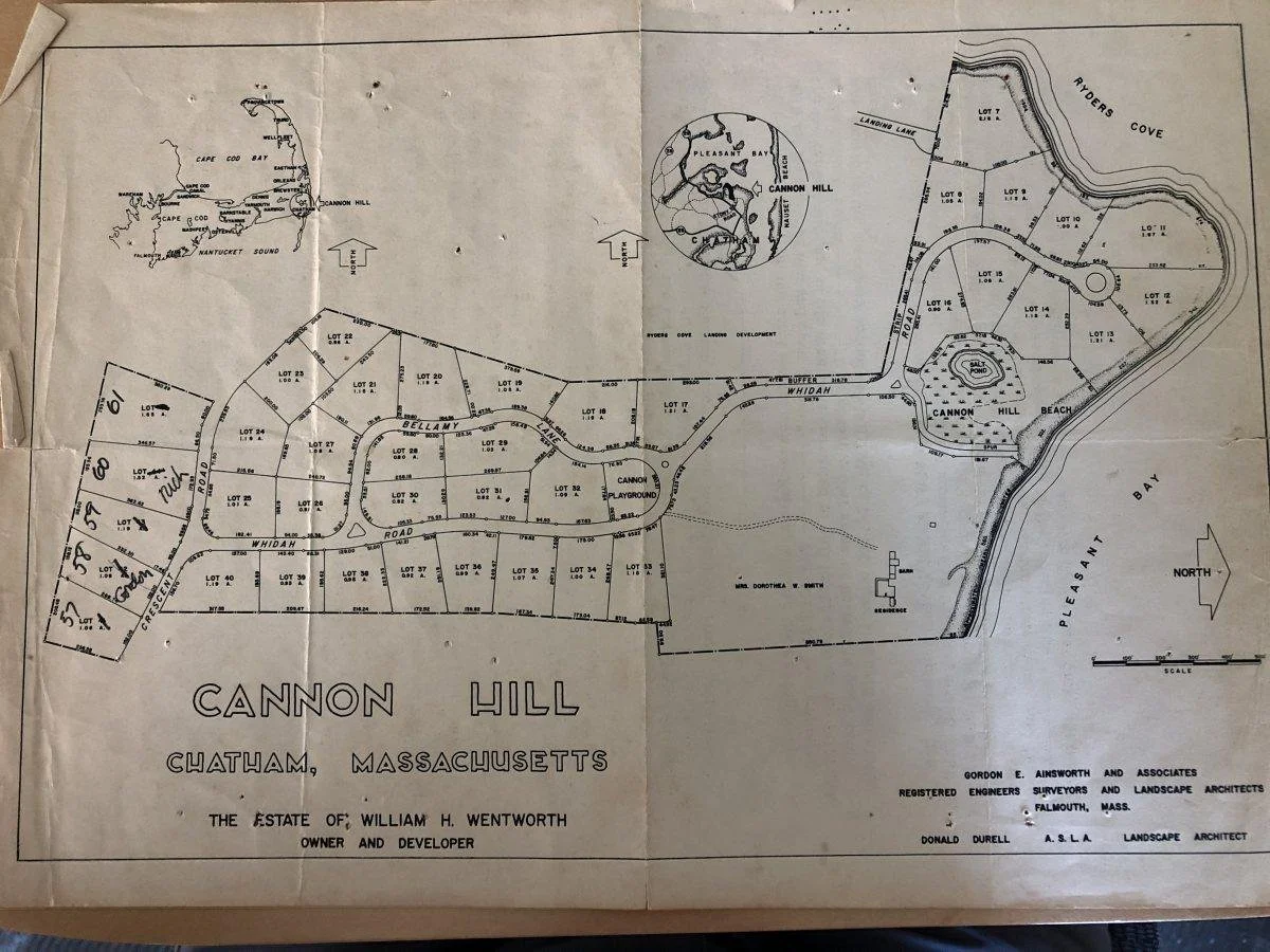 Map of Cannon Hill, Chatham, Massachusetts showing lot divisions, streets, and landmarks including a playground, beach, and coves. Insets of Cape Cod Bay and Pleasant Bay area.