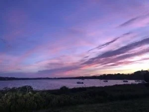 Sunset over a body of water with clouds and greenery in the foreground.