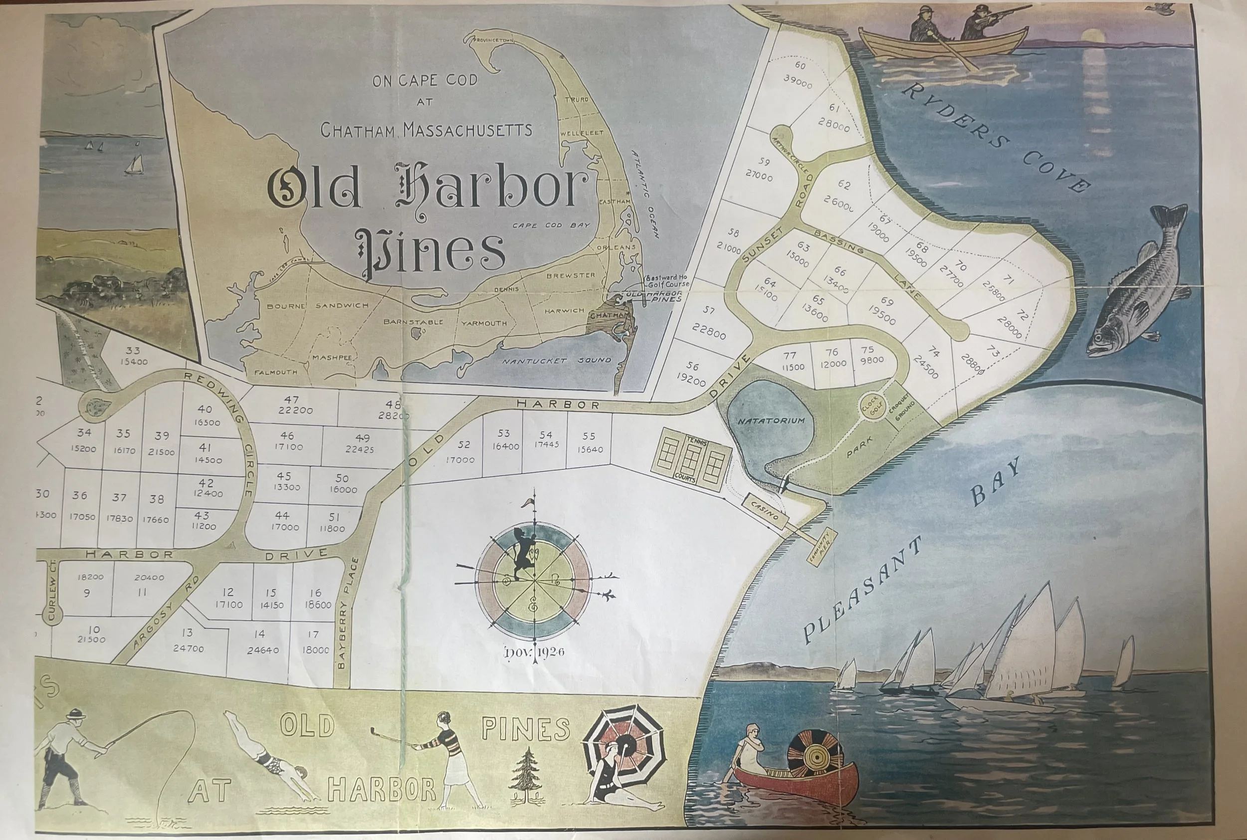 Map of Old Harbor Pines at Cape Cod, Massachusetts, showing streets, lots, park, harbor, and bay, with illustrations of people fishing, sailing boats, and a whale.