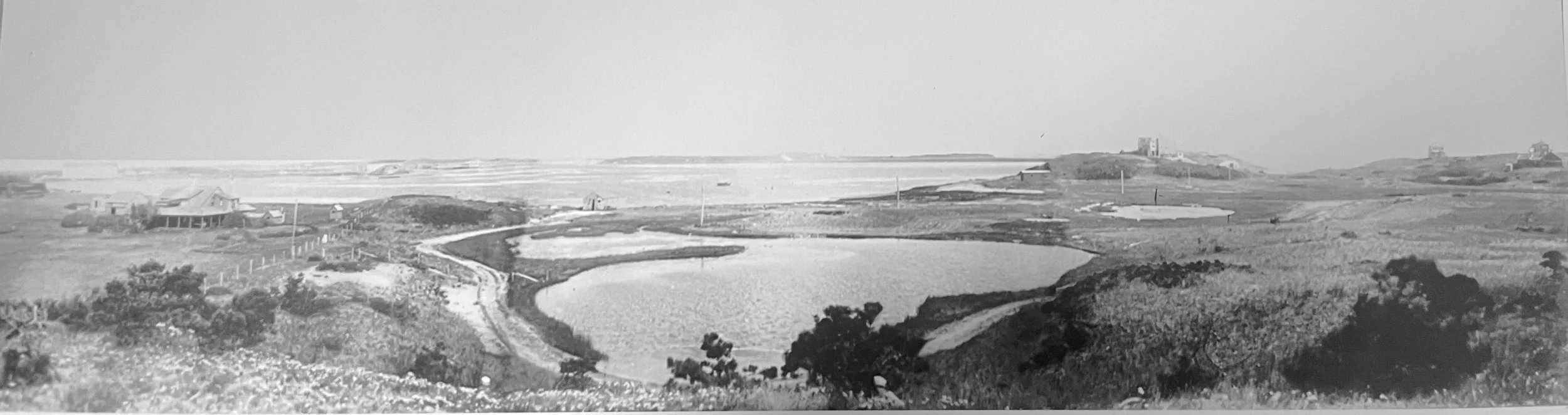 A black and white photograph of a rural landscape with small bodies of water, a few buildings, and distant castles on hills.