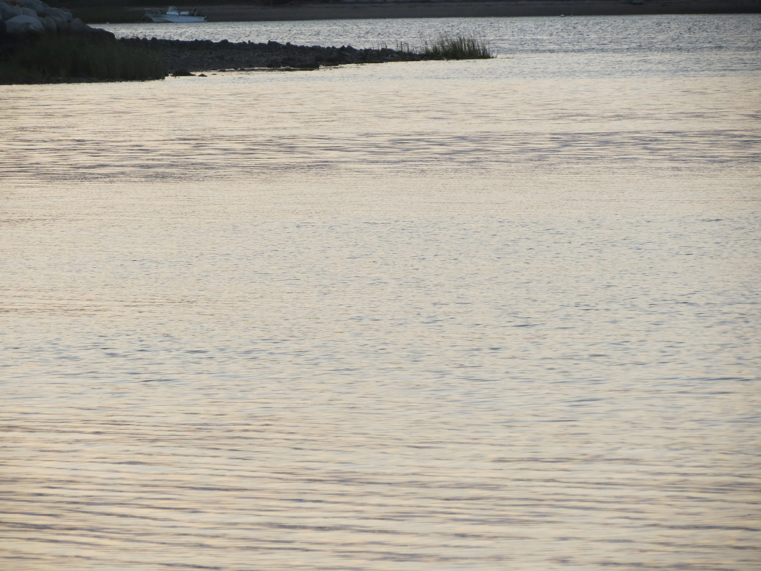 Calm river with two boats and some rocky shoreline in the distance, under a cloudy sky.