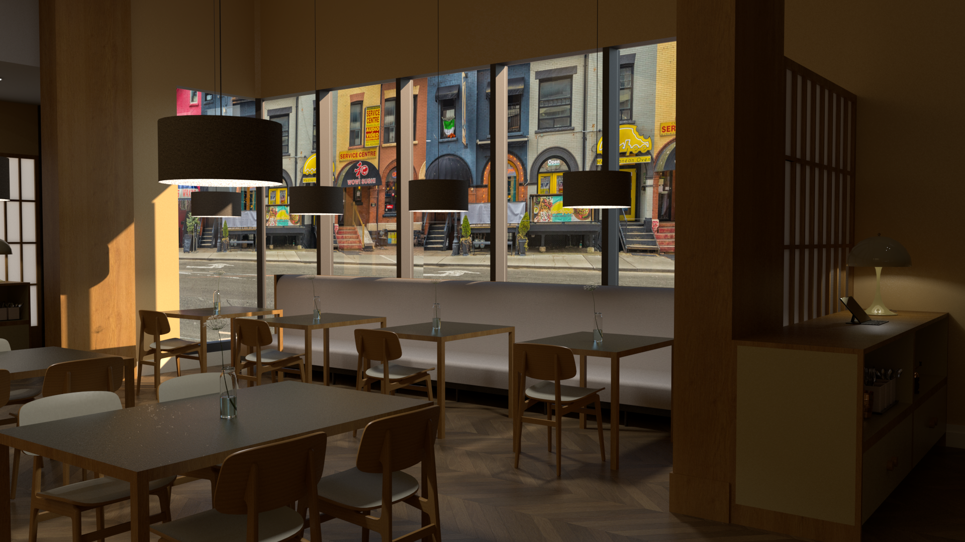 3D Rendering modeled in SketchUp with V-Ray of Main Dining Room with view to service desk and street.