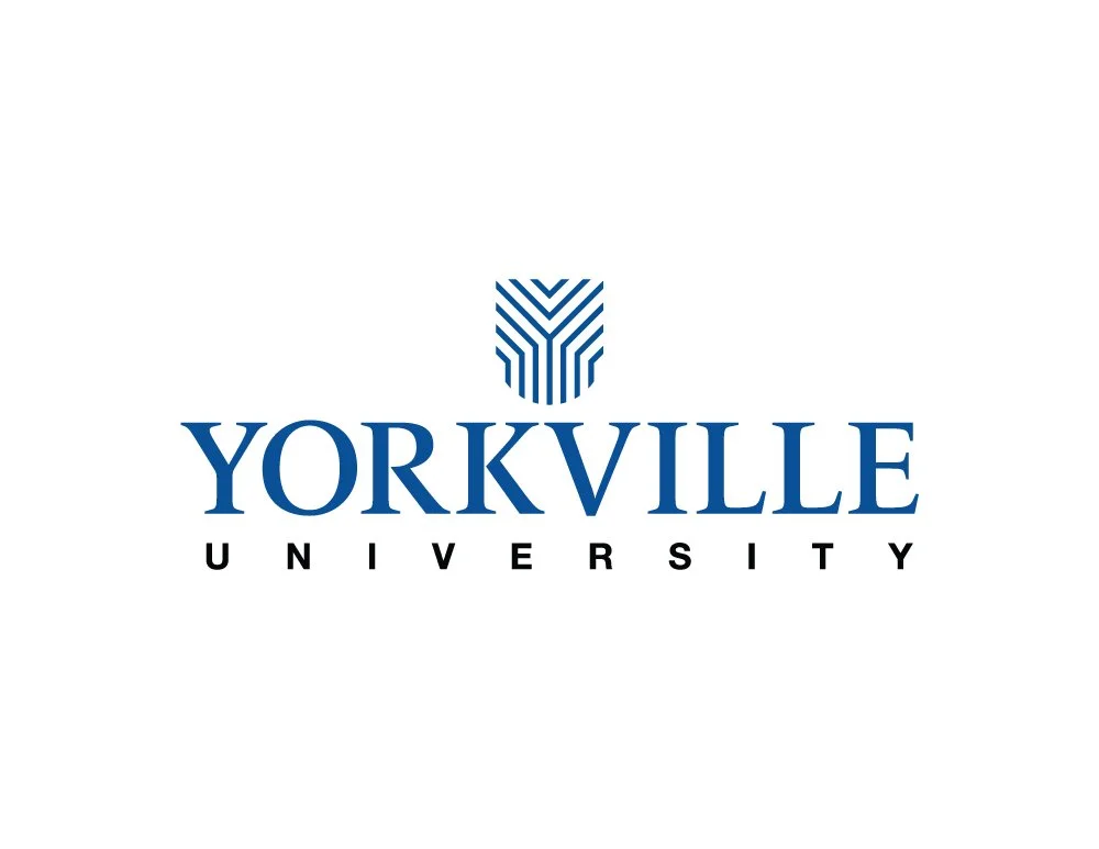 Yorkville University logo with stylized geometric emblem in blue and black text on a white background.