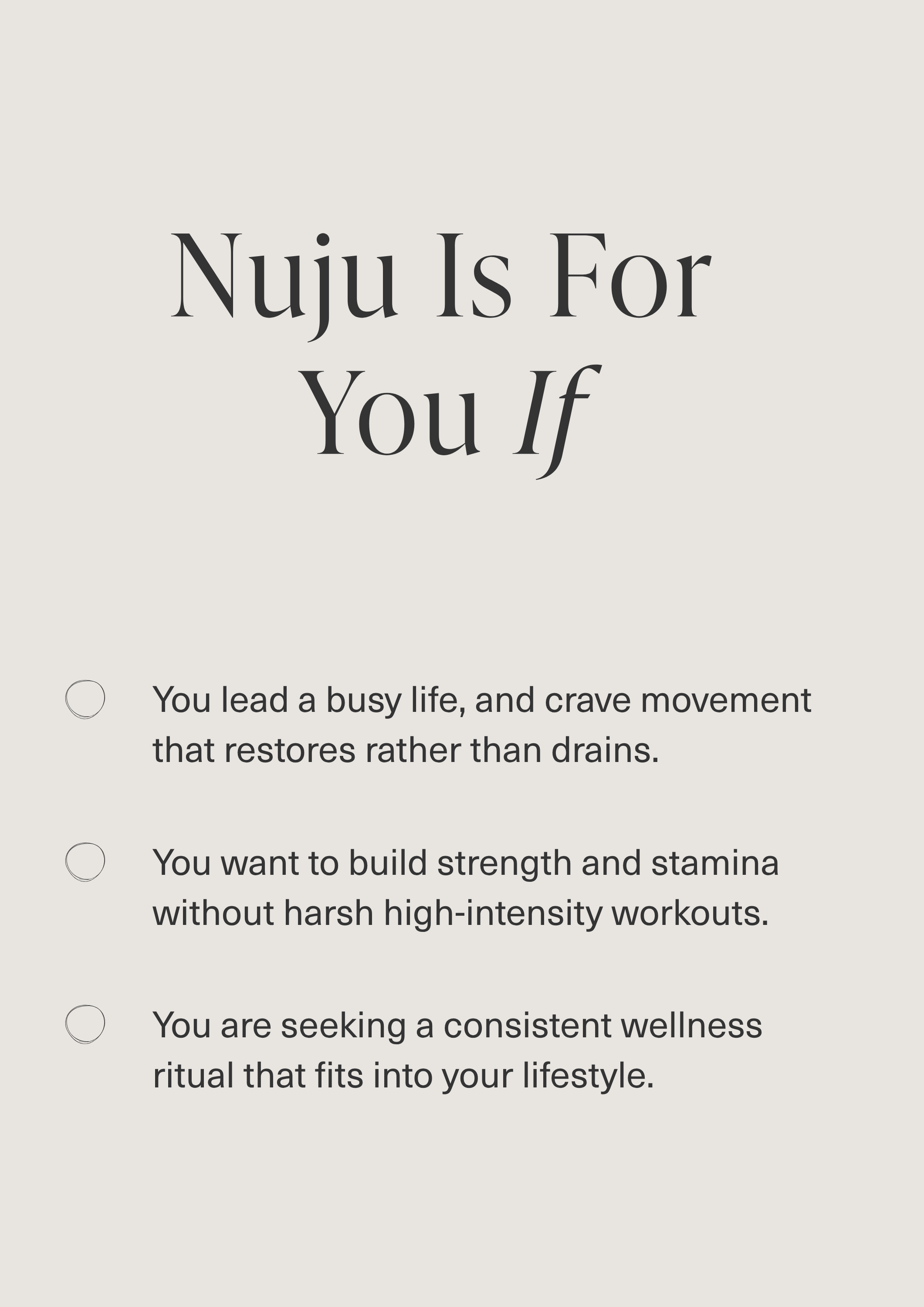 Text on a light background stating "Nujus For You" and a series of multiple-choice wellness assessment questions below.