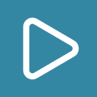 White play button icon on teal background.