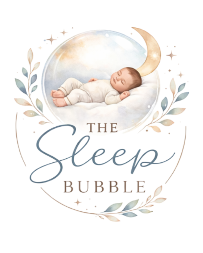 An illustrated logo featuring a sleeping baby in a cloud with a crescent moon, surrounded by decorative leaves. Text reads "The Sleep Bubble."