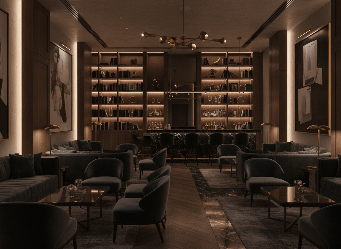 A luxurious lounge with dark wood furniture, plush seating, framed artwork, and built-in bookshelves with backlit lighting. There is a bar area with bottles and glasses in the background, and modern lighting fixtures overhead.