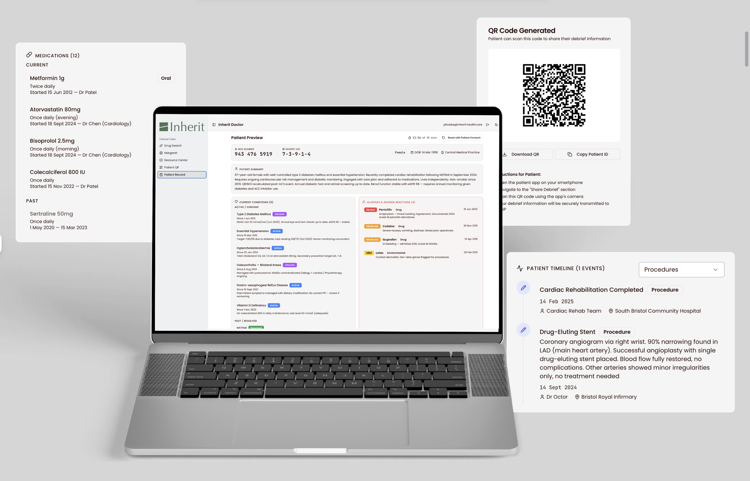 Laptop displaying electronic medical records with patient information, medication list, allergies, and treatment history, alongside a QR code and instructions for sharing debrief information.