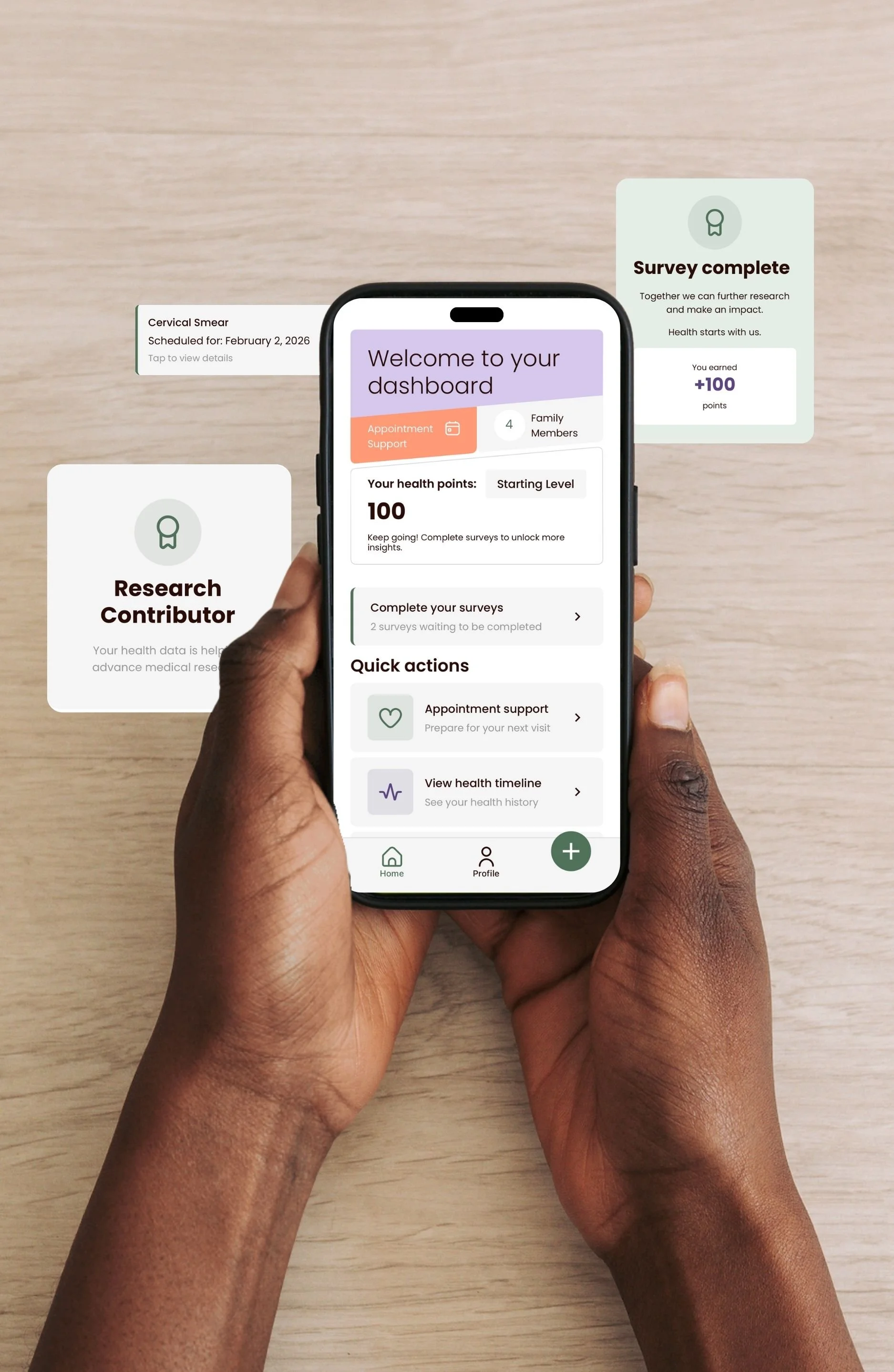 A person holding a smartphone displaying a health tracking app on a light wood surface, with informational cards about cervicall smear, survey complete, and research contributor surrounding it.