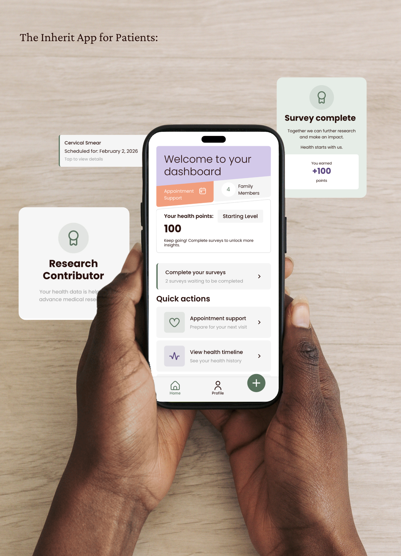 A person holding a smartphone displaying a health app dashboard on a light wooden surface with two guides pointing to the app, one on the left labeled "Research Contributor" and one on the right labeled "Survey complete." the app shows welcome message, health points, survey information, quick actions, and navigation icons.