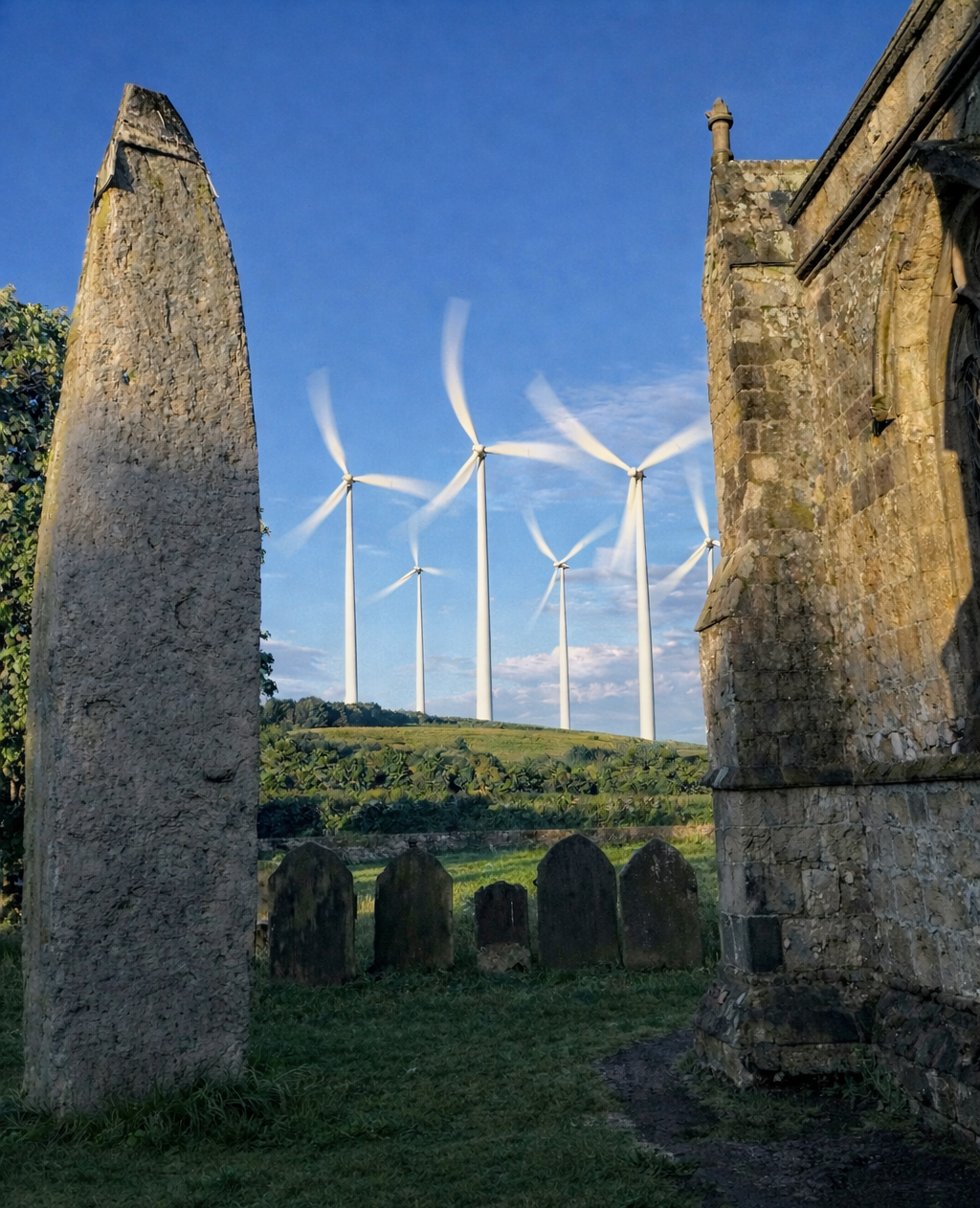A view from the Rudston neolithic monolith reveals Woldgate wind turbines on a hill in the background, under a blue sky with some clouds.