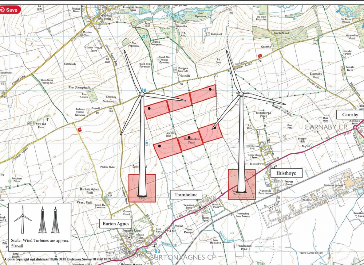 A map showing wind turbine locations at Burton Agnes, Threshholme, and Histhoye, with scale indicating wind turbines are approximately 1:4 scale, and surrounding geographic features.
