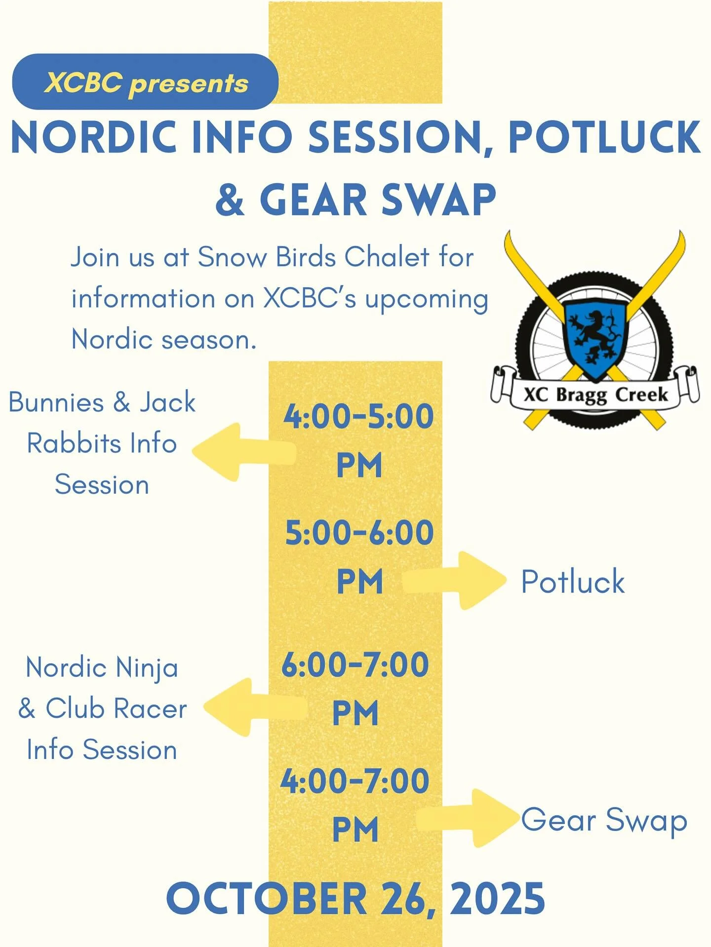 Bring a dish and your gently used ski gear to our annual Nordic program info night and potluck! #xcbc #xcbraggcreek #braggcreek #yyc #yycski #crosscountryskiing #braggcreektrails #kidski #nordiqalberta #nordiqcanada #nodicprogramsforkids