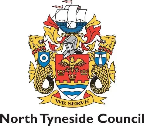 The North Tyneside Council coat of arms featuring a ship, a double-headed eagle, two lions, and a shield with a crown and wave pattern, with a banner below reading 'We Serve'.