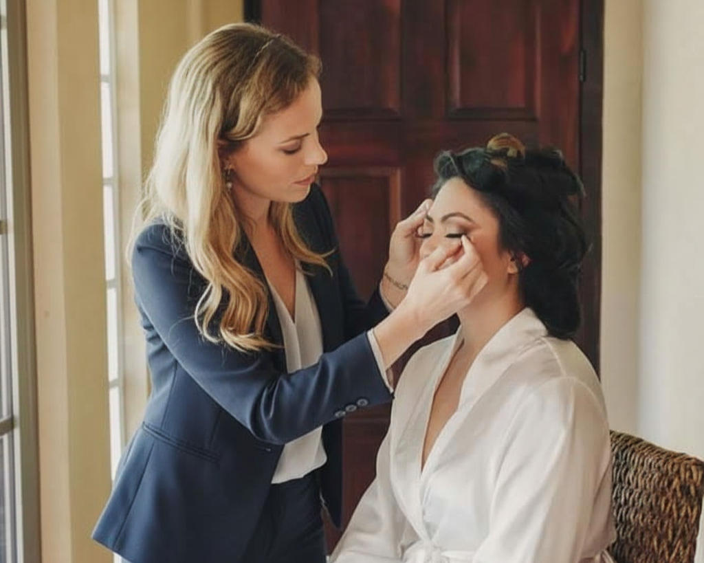 A makeup artist applying makeup on a woman sitting with hair rollers, in a well-lit room near a window.
