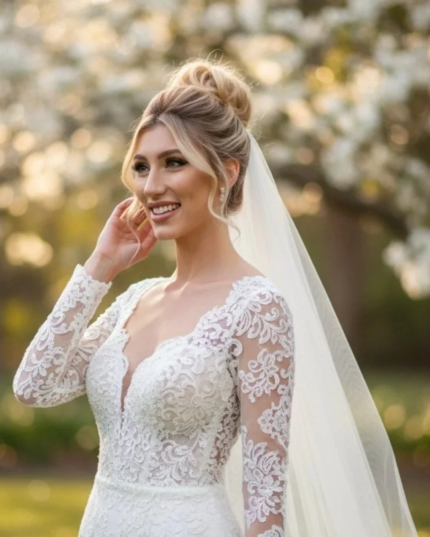 A radiant bride in a long-sleeved lace gown and veil, featuring sunlight-durable wedding hair and makeup by Cecilia Acquaroli in Rome.