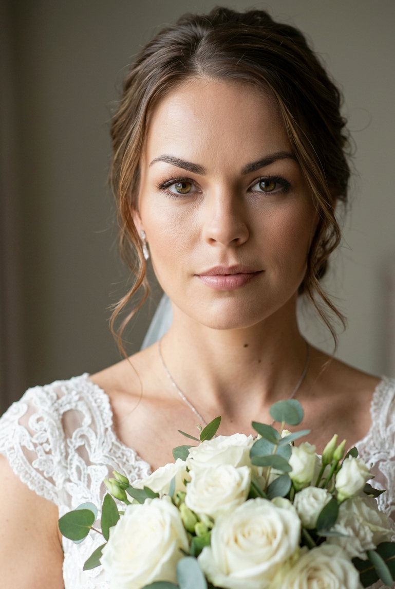 Close-up of a bride with brown hair in a loose updo, wearing a lace wedding dress, holding a bouquet of white roses and greenery.