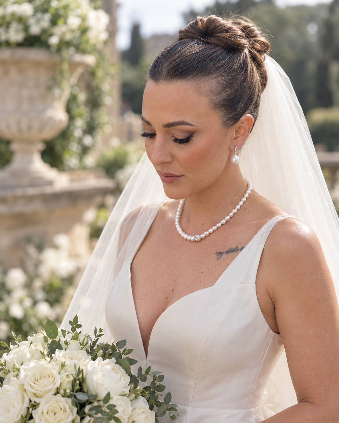 Bridal portrait of a woman in a white wedding dress with pearl jewelry, holding a bouquet of white roses, outdoors with greenery and stone fountain in the background.