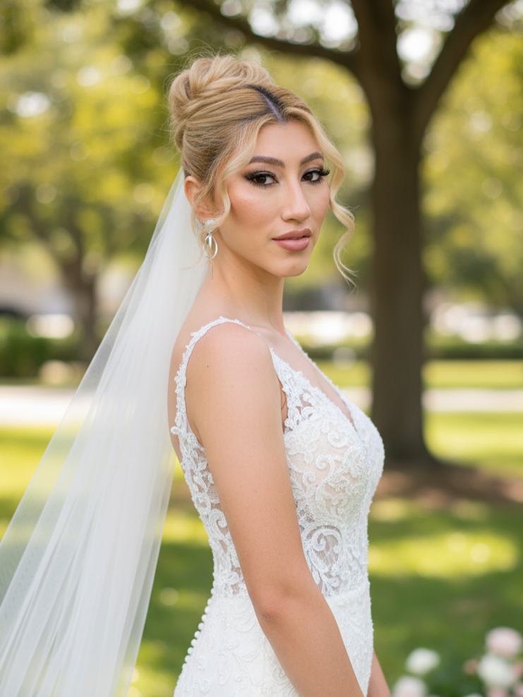 Bride with blonde hair in an elegant updo, wearing a white lace wedding dress with spaghetti straps, a long sheer veil, and silver earrings, standing outdoors with blurred green trees in the background.