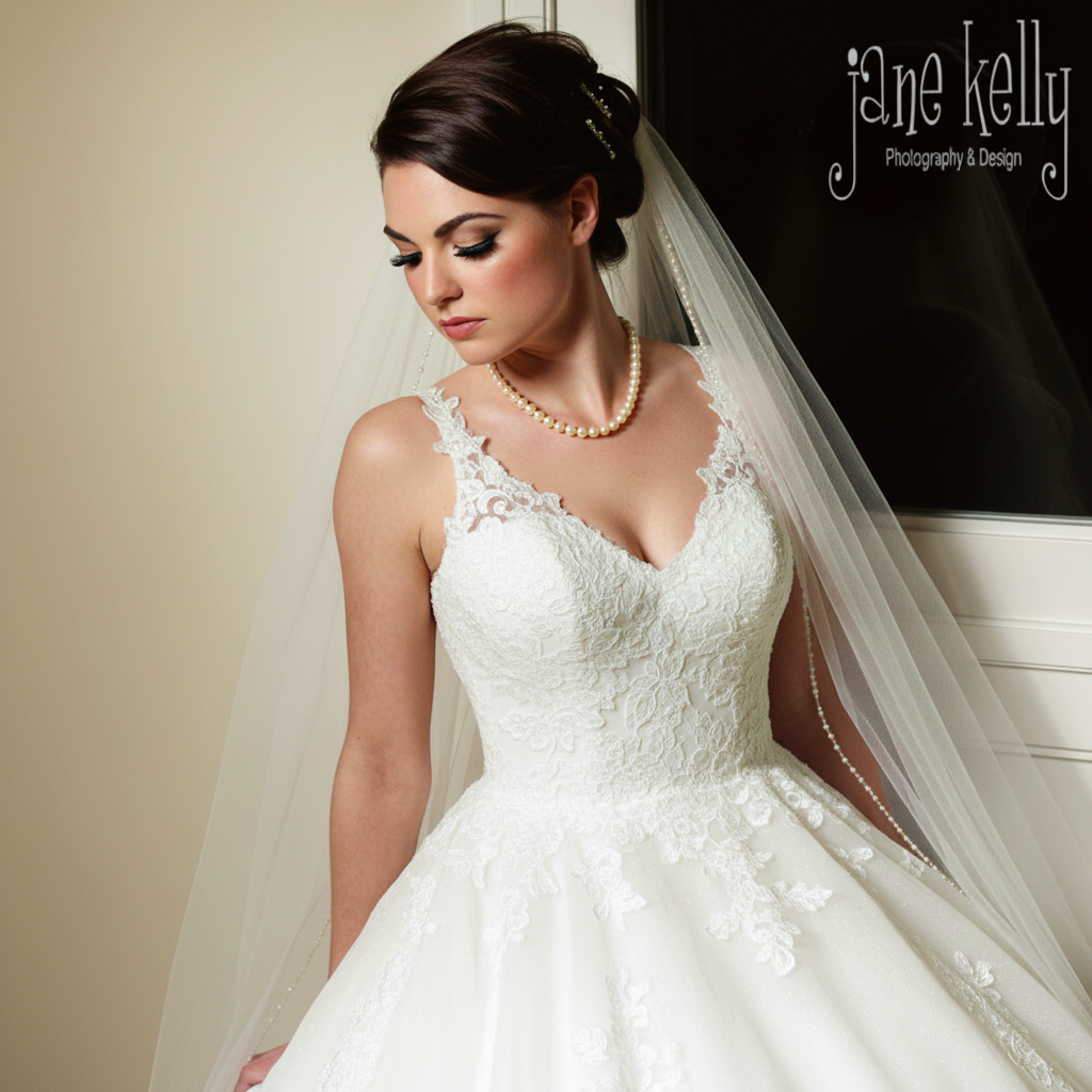 A bride in a white lace wedding dress with a veil, pearl necklace, and styled hair, standing indoors in a hotel in Rome