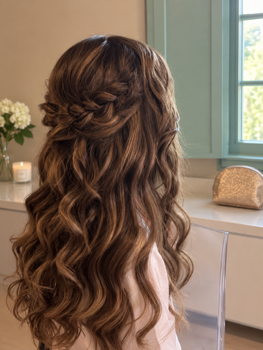 Woman with wavy, light brown hair styled with a braid on one side, sitting indoors by a window with sunlight, a floral arrangement, a lit candle, and a glittery purse in the background.