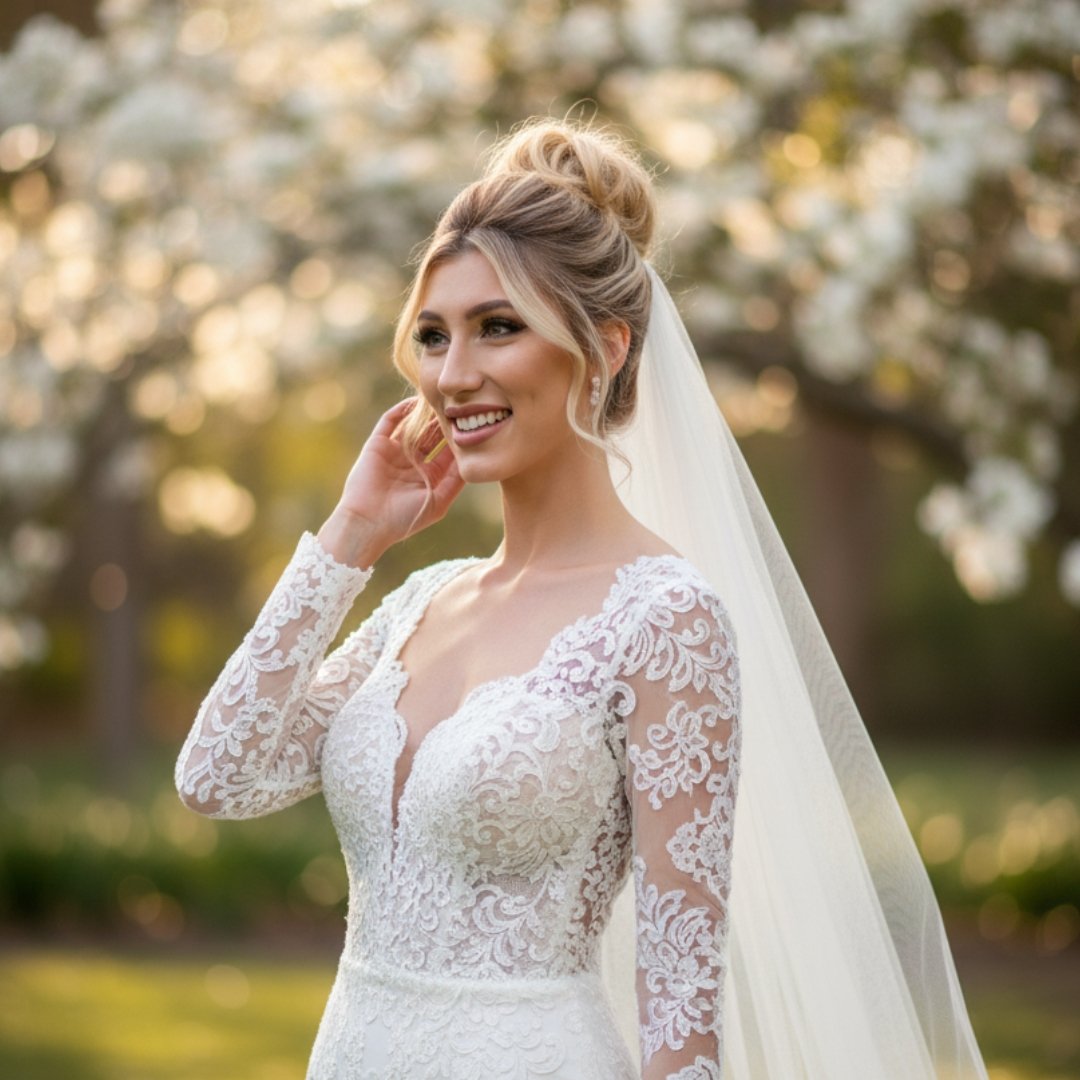 A radiant bride in a long-sleeved lace gown and veil, featuring sunlight-durable wedding hair and makeup by Cecilia Acquaroli in Rome.