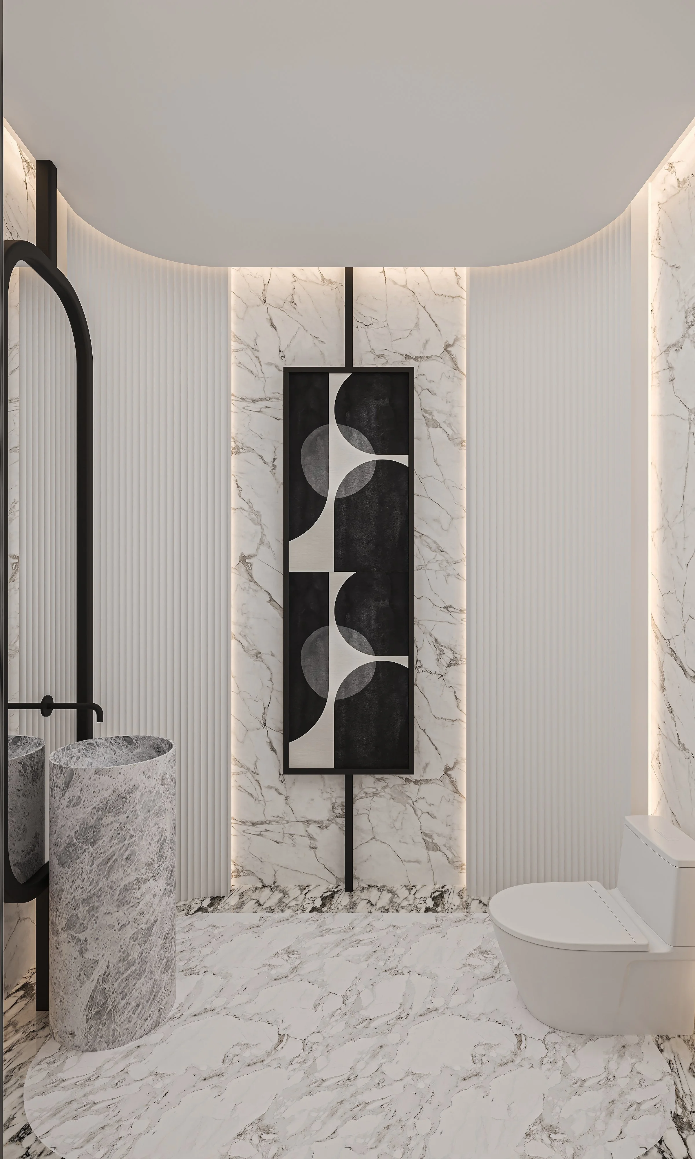 Modern bathroom with marble flooring and walls, featuring a white toilet, a freestanding marble sink, and a black framed abstract artwork on the wall.