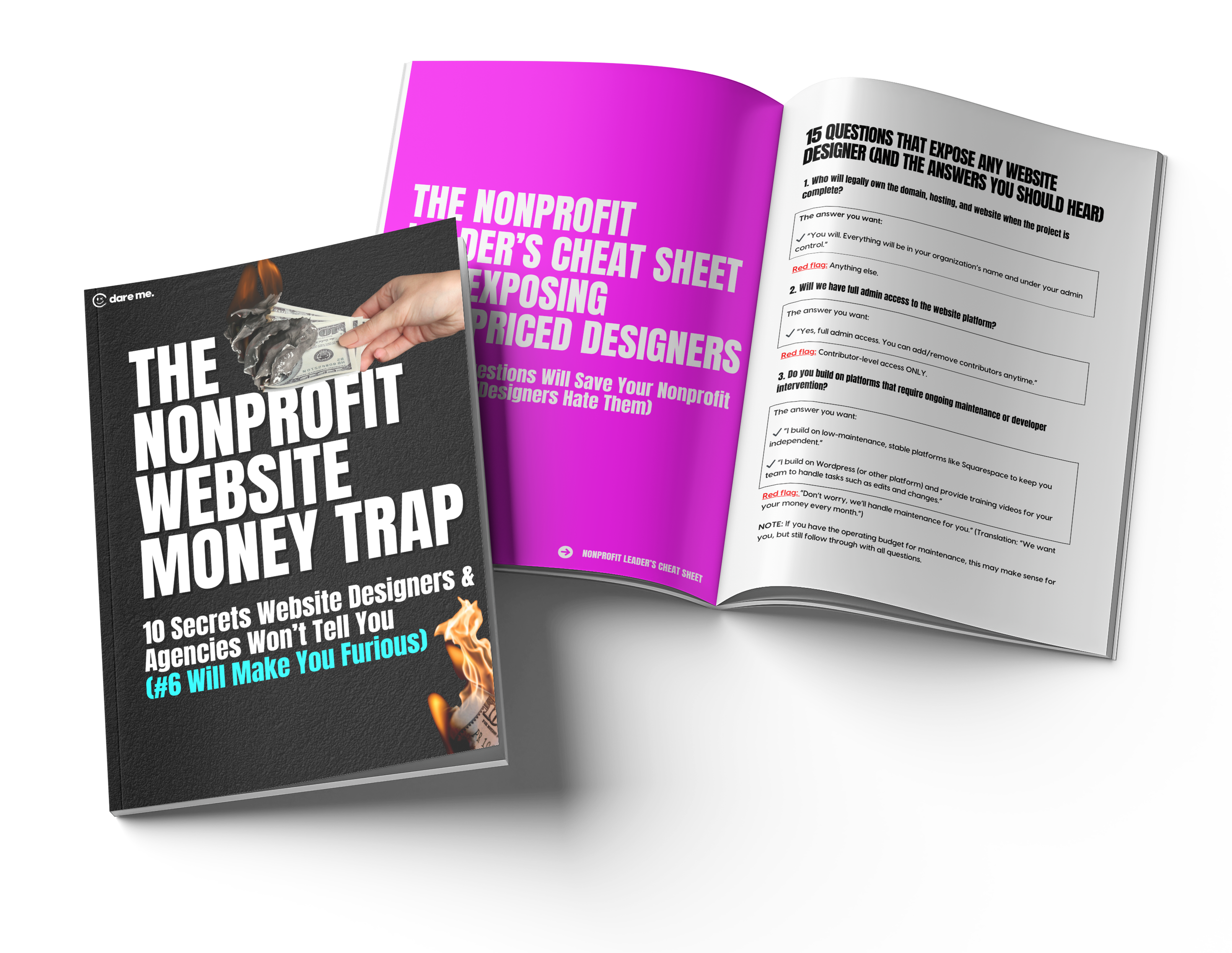 The Nonprofit Money Trap download mocked up on a magazine cover with an open page spread of the contents behind the cover of the booklet