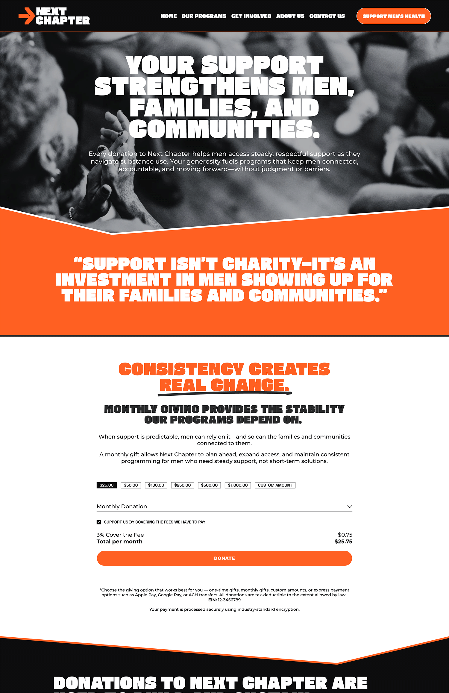 An image of the Next Chapter nonprofit template's donate page