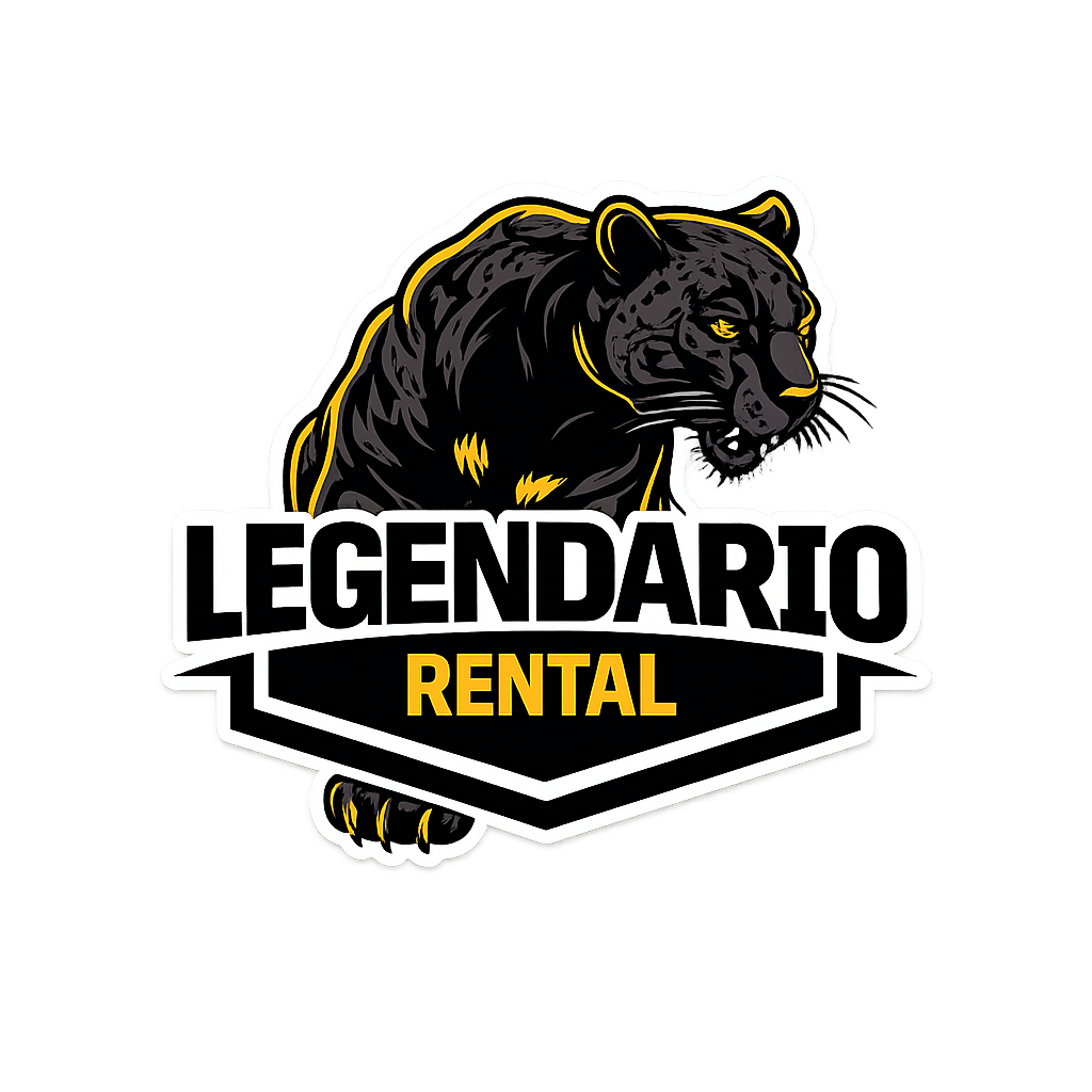 Logo of a black panther with yellow accents, with the text "LEGENDARIO RENTAL" in bold black and yellow letters.