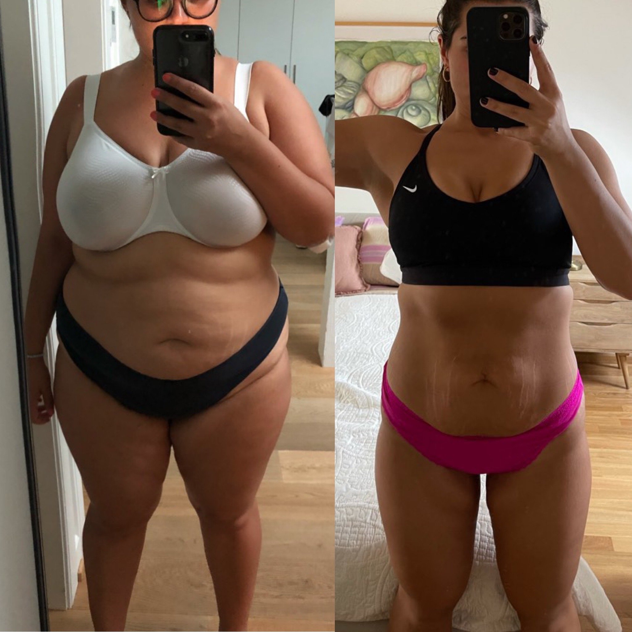 Side-by-side mirror selfies of a woman showing weight loss transformation, wearing sports bra and shorts.