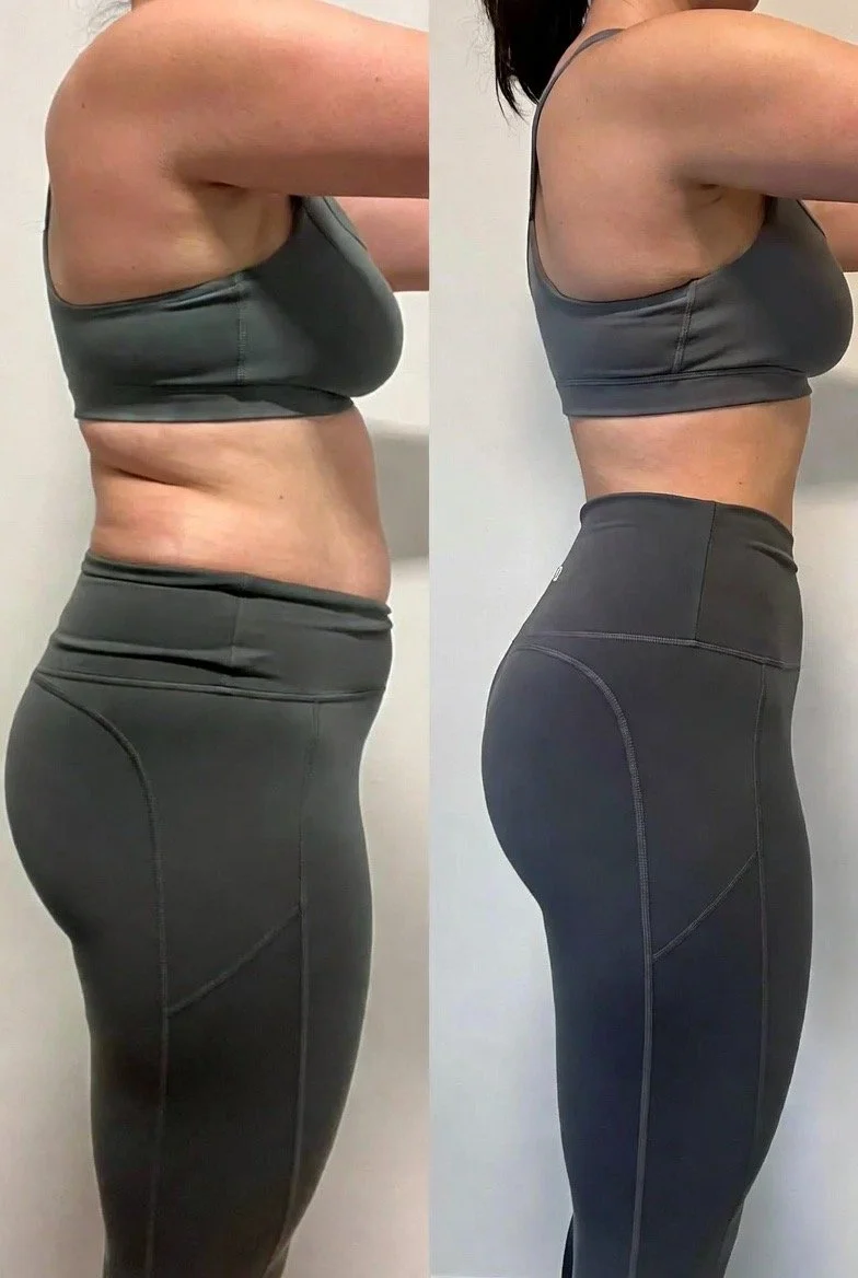 Side-by-side comparison of a woman in athletic wear showing before and after physical transformation, with a focus on stomach and waistline reduction.