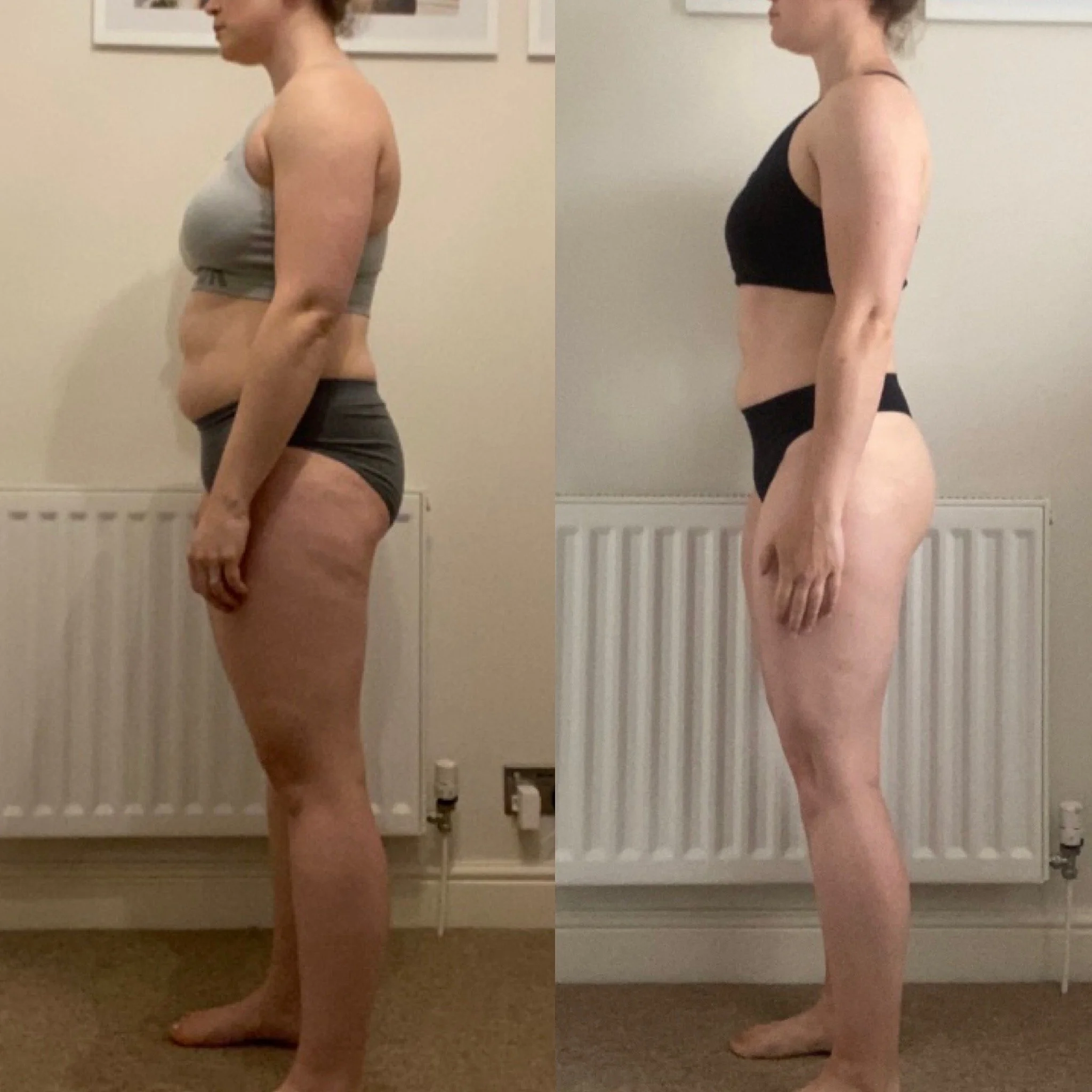 Side-by-side comparison photo of a woman showing before and after weight loss transformation, with different outfits in each image, standing against a radiator on a neutral wall.