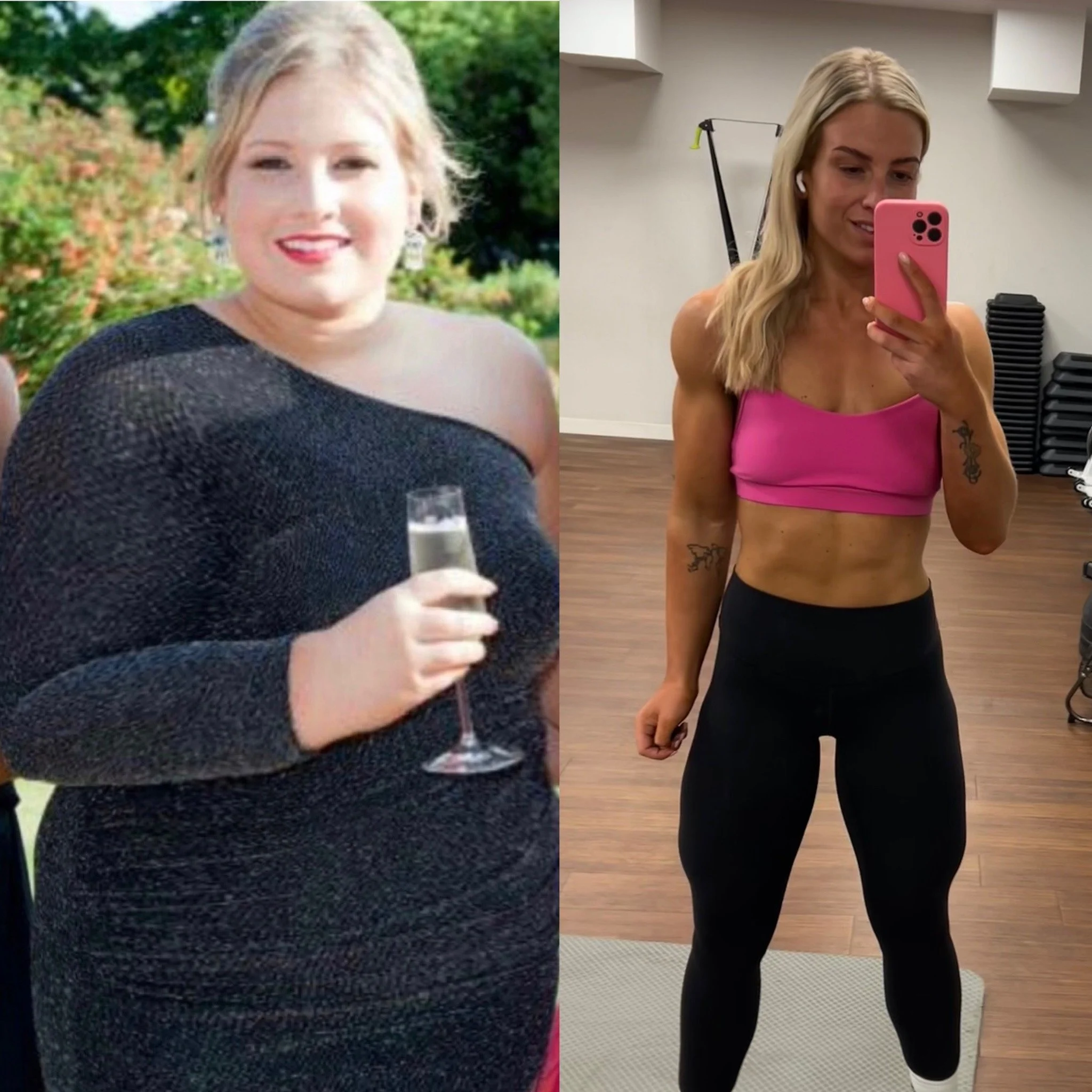 A side-by-side comparison of a woman before and after her fitness transformation. On the left, she is dressed in a black, off-the-shoulder top, holding a glass of champagne, with a garden background. On the right, she is in workout attire, taking a mirror selfie in a gym, showing muscular arms and abs.