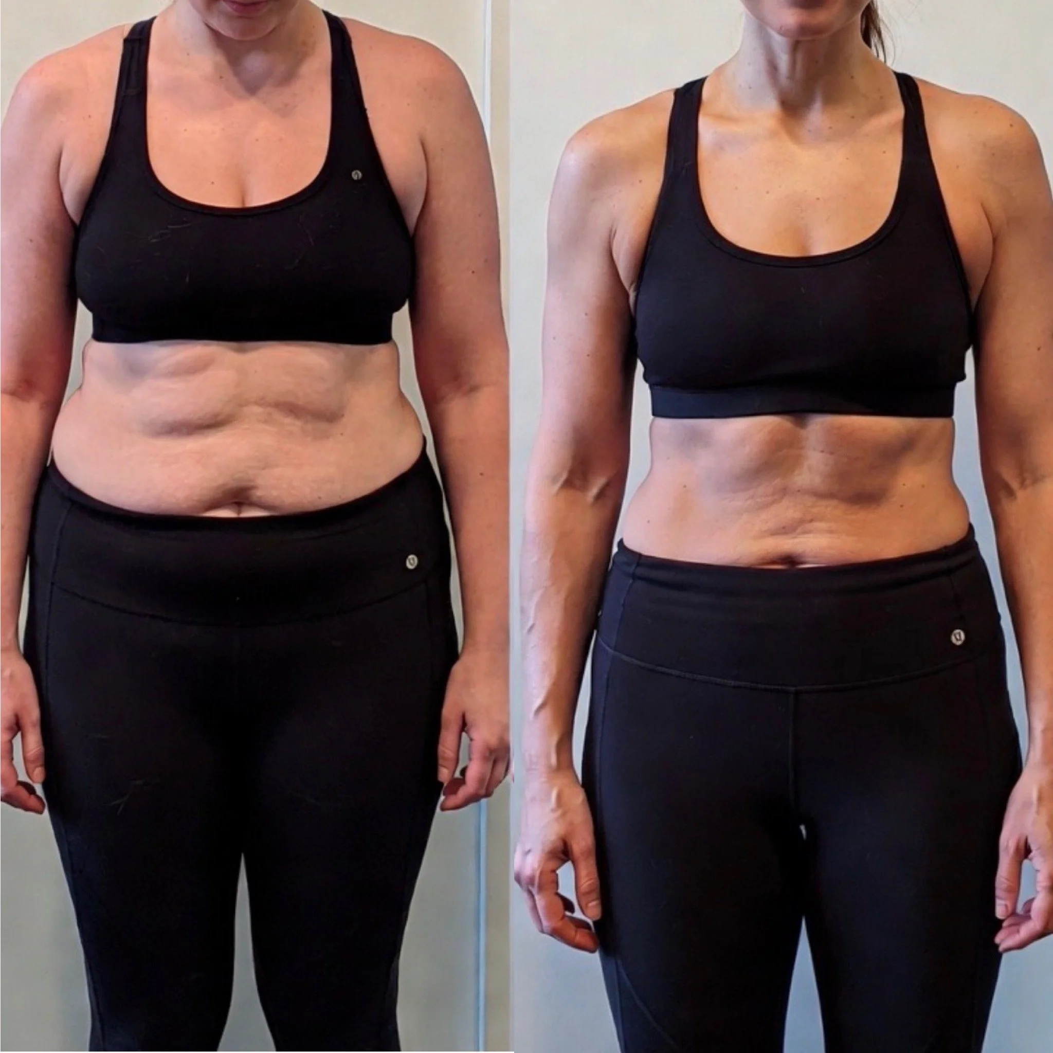 Side-by-side comparison of a woman before and after weight loss, wearing black sportswear, showing significant reduction in body fat and improved muscle tone.
