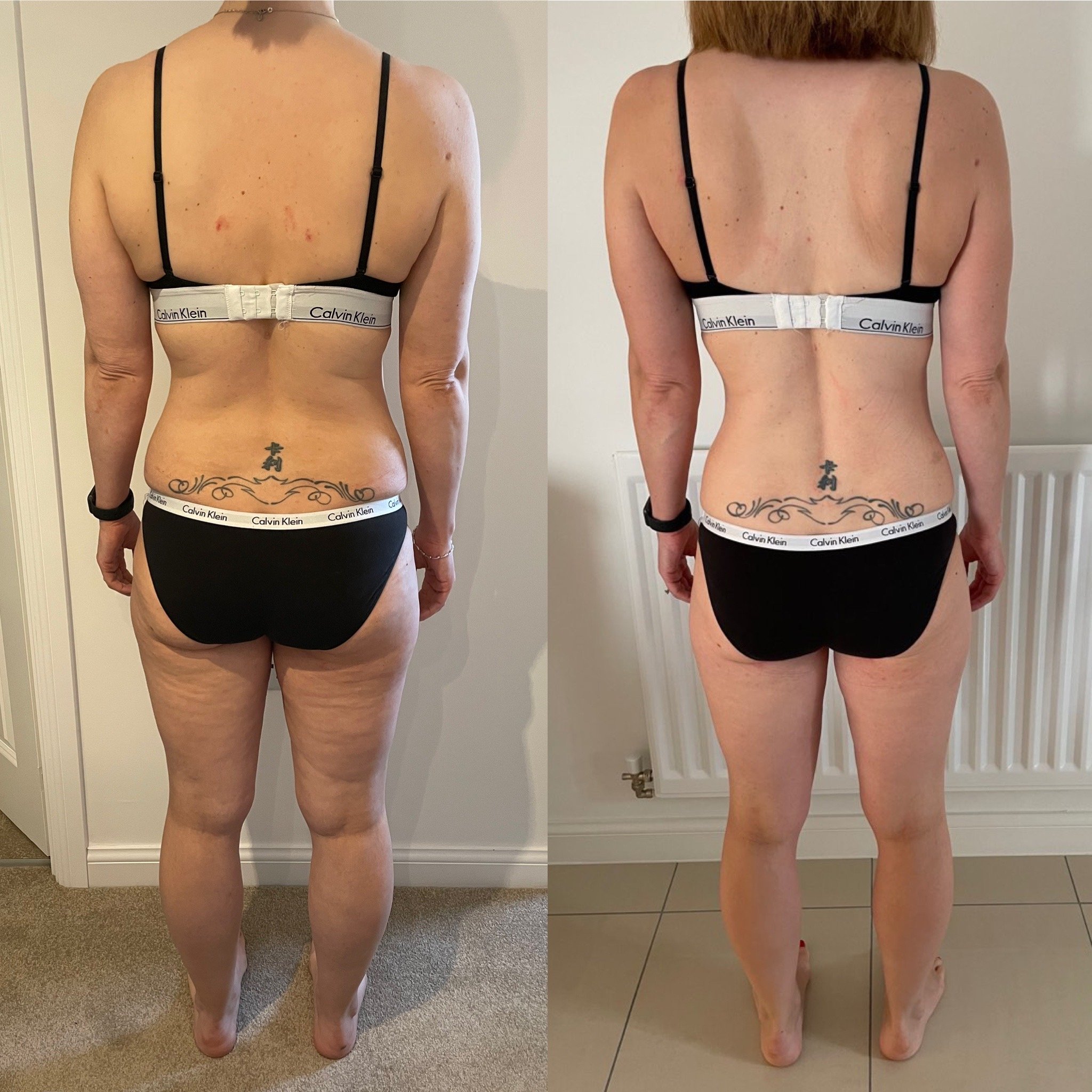 Side-by-side photos of a woman’s back, showing her before and after a fitness journey. She has a tattoo on her lower back and wears a black Calvin Klein bra and underwear. The first photo shows more body fat and loose skin; the second shows a toned a