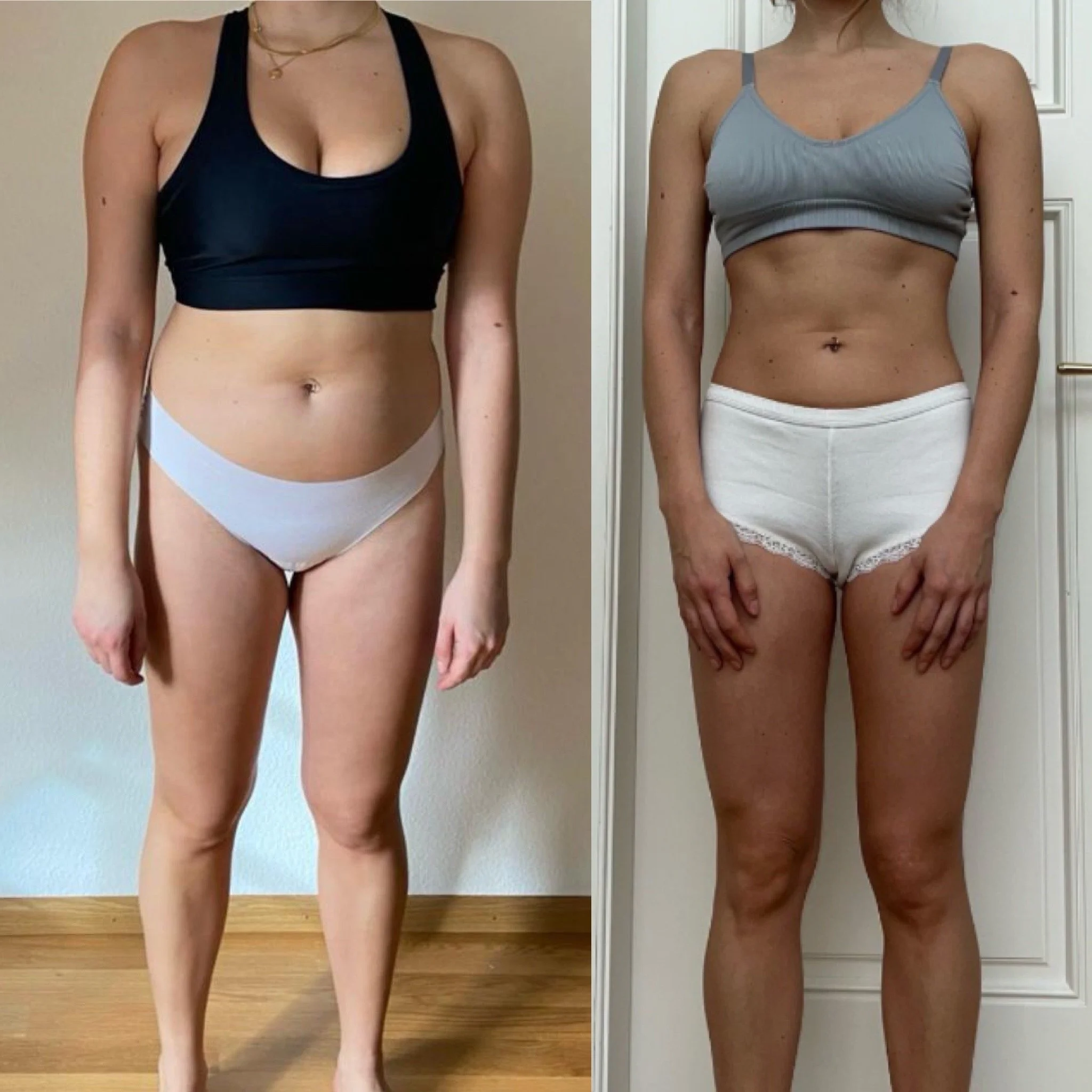 Side-by-side comparison of a woman before and after weight loss, wearing different colored tops and shorts. On the left, she wears a black sports bra and white underwear; on the right, a gray sports bra and white shorts.