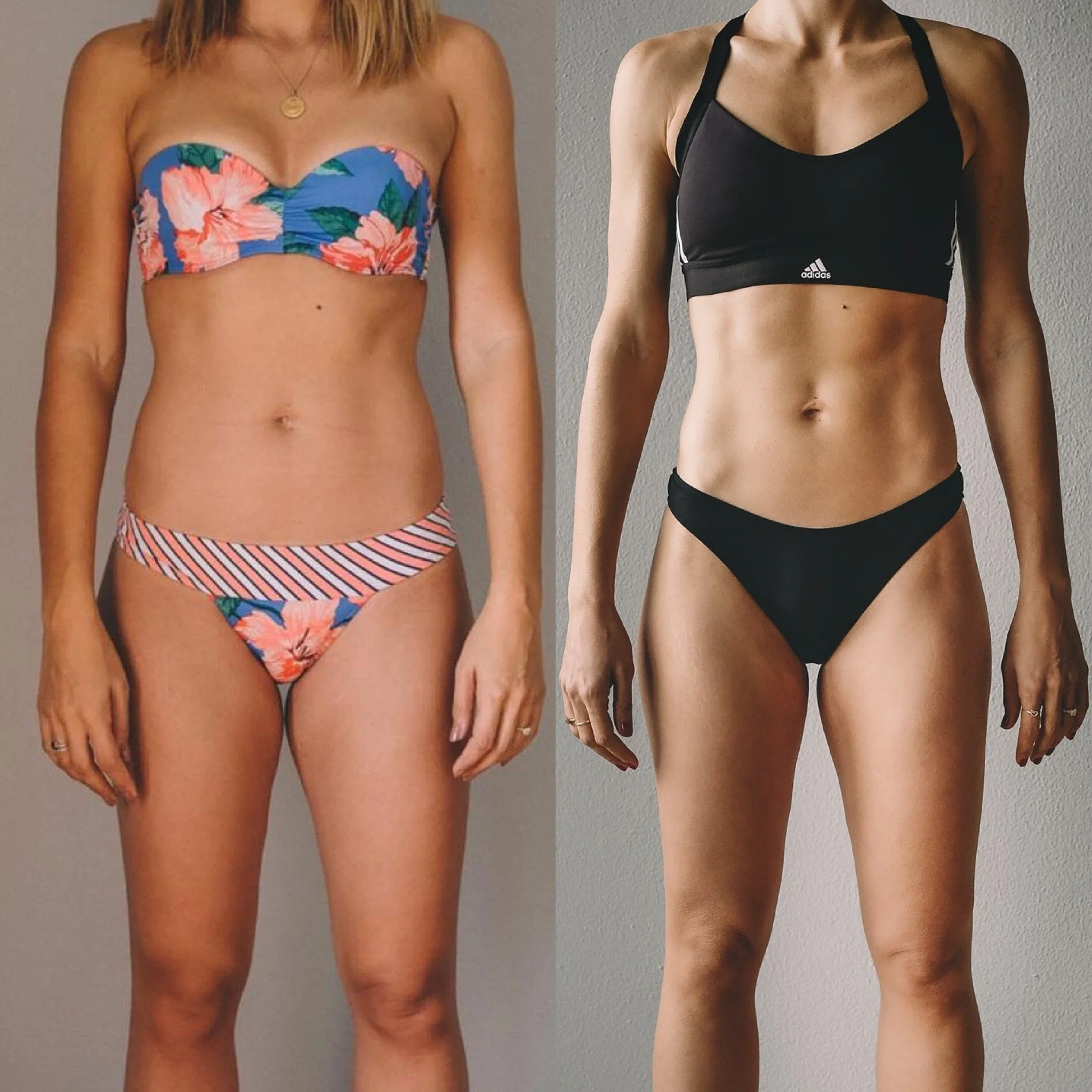 Side-by-side comparison of a woman before and after fitness transformation, wearing bikinis, showing toned abs and legs.