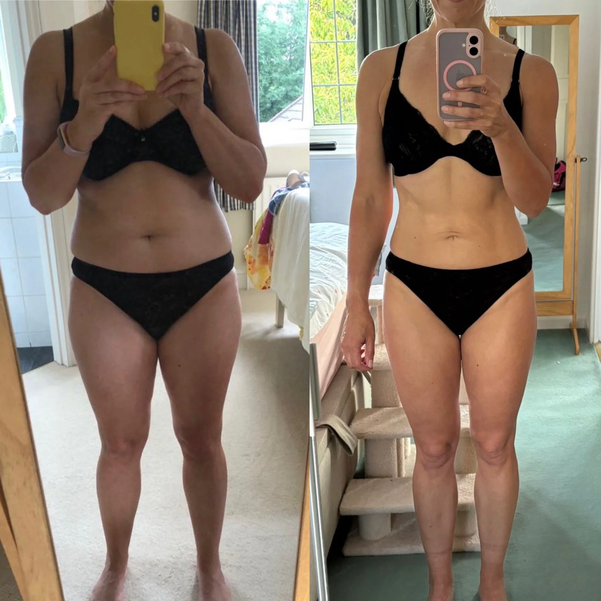 Side-by-side comparison of a woman taking mirror selfies in black underwear, showing a weight loss transformation. The left image shows a heavier physique, while the right image shows a slimmer, toned physique.